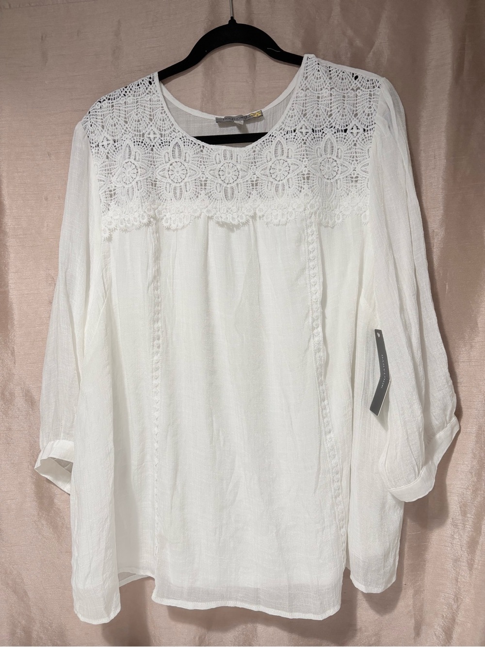 Lace Yoke White Tunic Blouse — Lightweight Long Sleeve Top